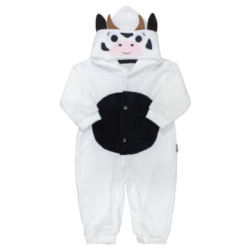 Macacão Para Bebê Em Plush Com Capuz Bordado Vaquinha Creme