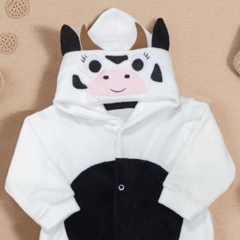 Macacão Para Bebê Em Plush Com Capuz Bordado Vaquinha Creme