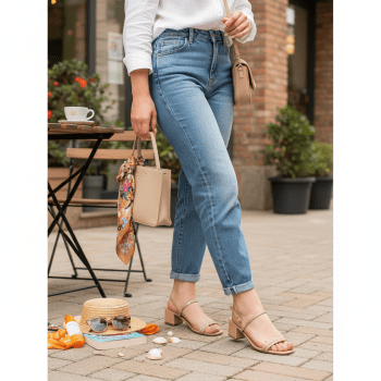 Sandália de Salto Quadrado Feminina com Tira de glitter 5 CM - A011 Nude