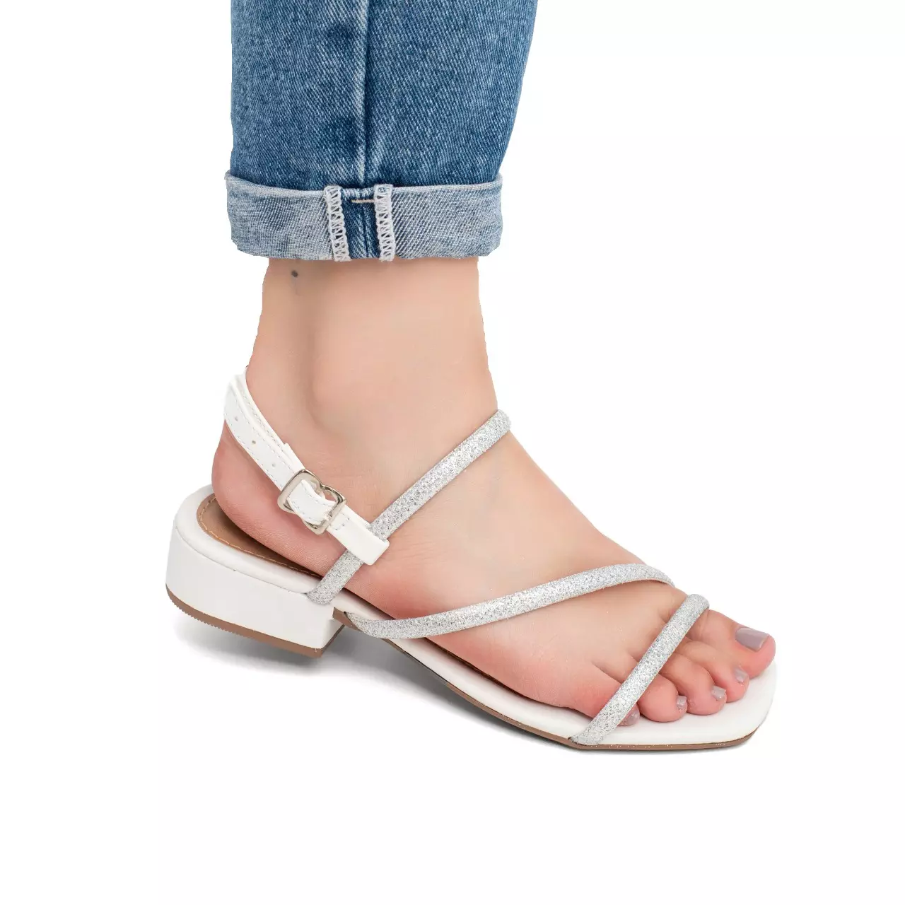 Sandália Feminina Saltinho Baixo com Fivela e Tira com Brilho - A 013 Branco