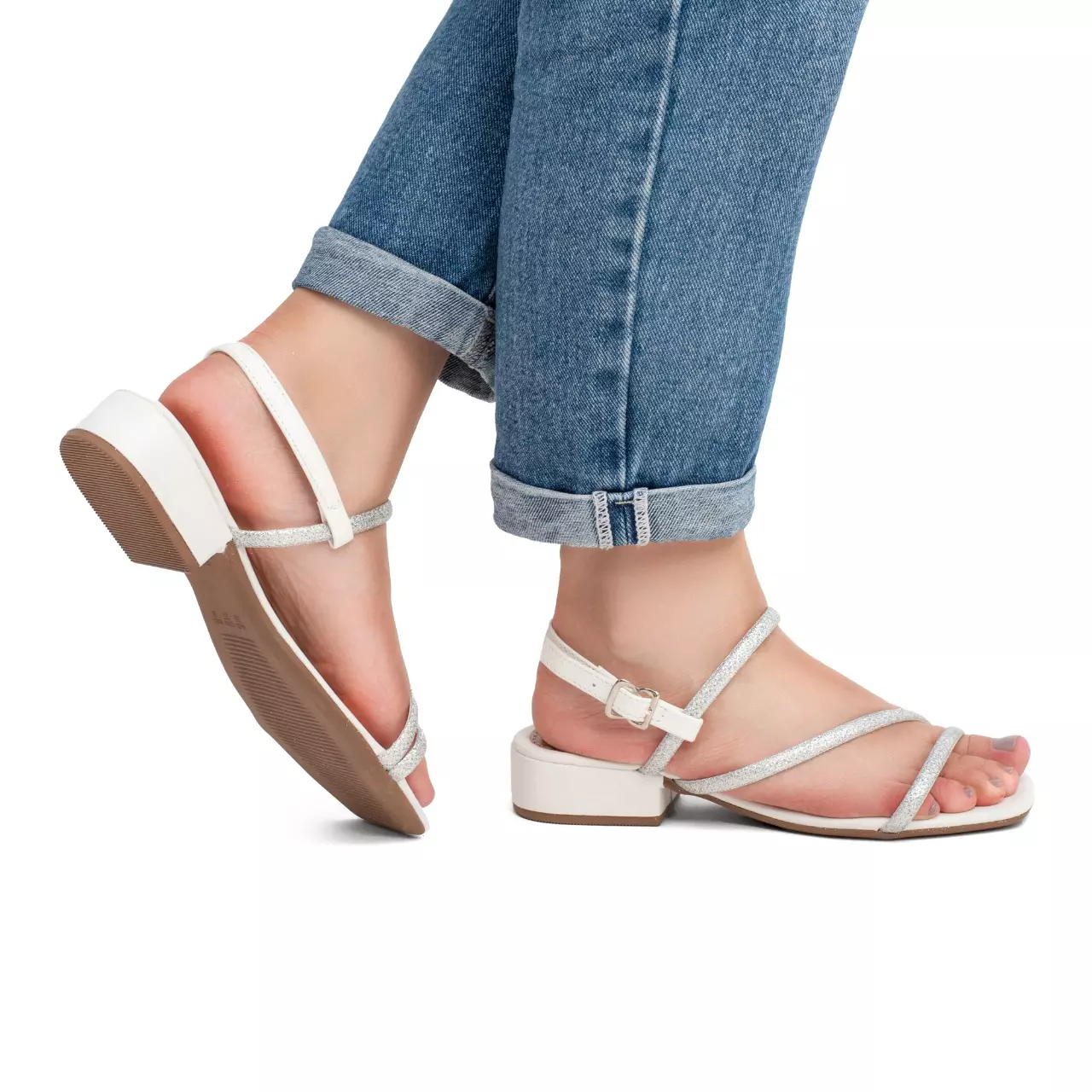 Sandália Feminina Saltinho Baixo com Fivela e Tira com Brilho - A 013 Branco