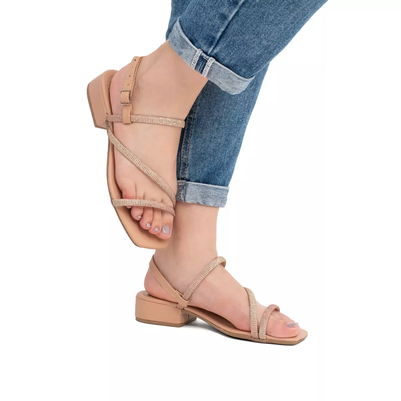 Sandália Feminina Saltinho Baixo com Fivela e Tira com Brilho - A 013 Nude