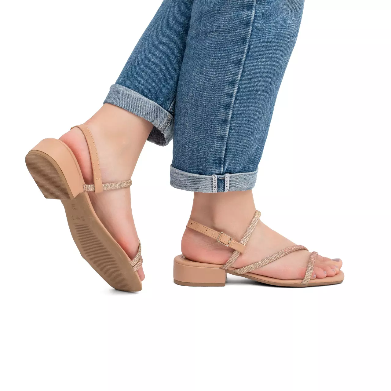 Sandália Feminina Saltinho Baixo com Fivela e Tira com Brilho - A 013 Nude