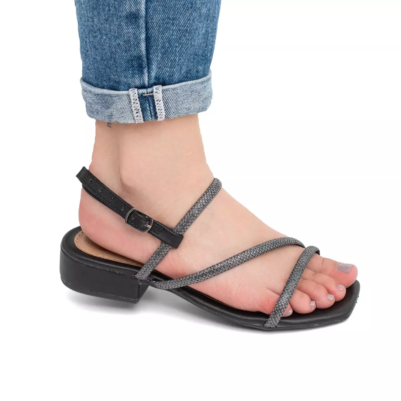 Sandália Feminina Saltinho Baixo com Fivela e Tira com Brilho - A 013 Preto